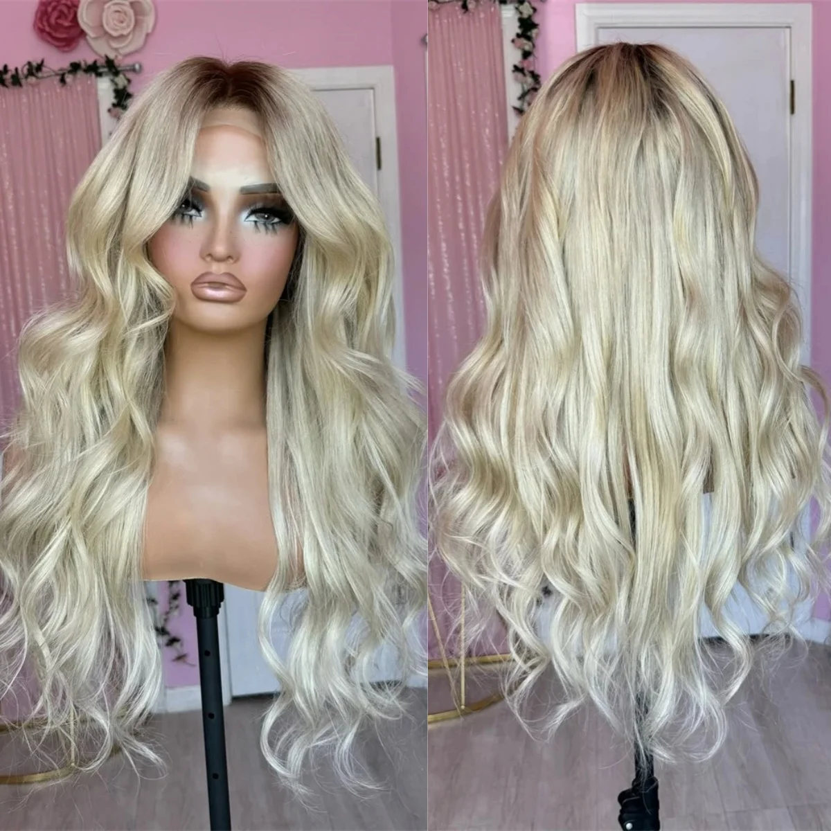 

Highlight Ombre Blonde Body Wave Lace Front Wig 13x4 HD Transparent Synthetic High Quality Pre Plucked Glueless Cosplay On Sale