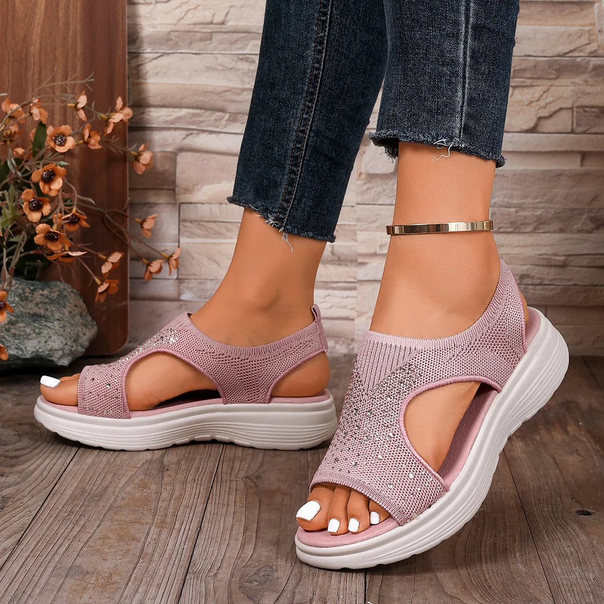 2026 New Style Mesh Rhinestone Platform Women's Sandals Summer Designer Open Toe Beach Party Casual Knit Wedge Sandals for Women view 4