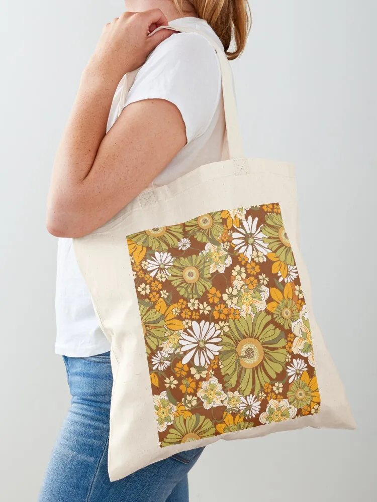 

70s Retro Vintage Flower Power pattern boho, orange, brown, Tote Bag Beach bag tote bags cloth bags Shopping bags