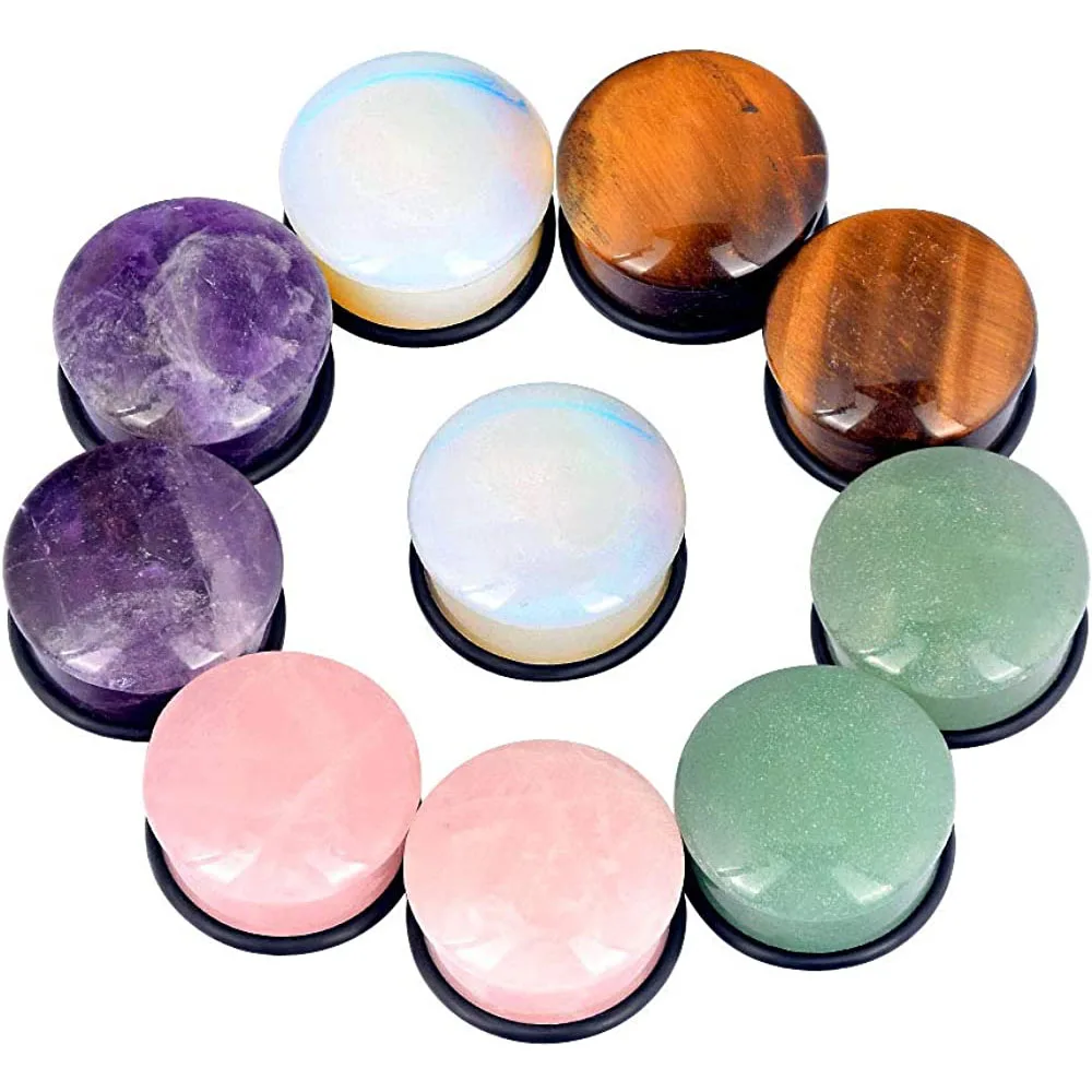 Body Jewelry Single Flare Stone Earring Plugs - Amethyst Black Agate Opalite  Tiger Eye Rose Quartz