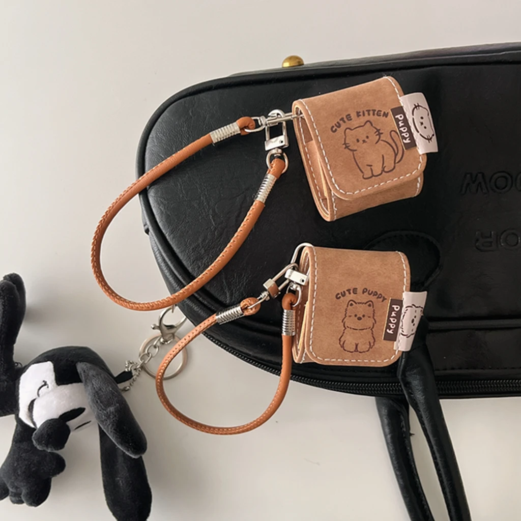 Retro Brown Leather Cute Puppy Cat Lanyard Shockproof Protective Earphone Cover Case for AirPods 1 or 2 3 4 Pro 2