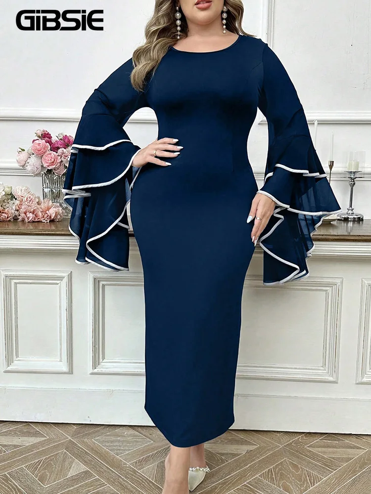 

GIBSIE Plus Size Layered Bell Sleeve O-Neck Party Dress Women Spring and Autumn Elegant Back Slit Bodycon Long Dresses 2025 New