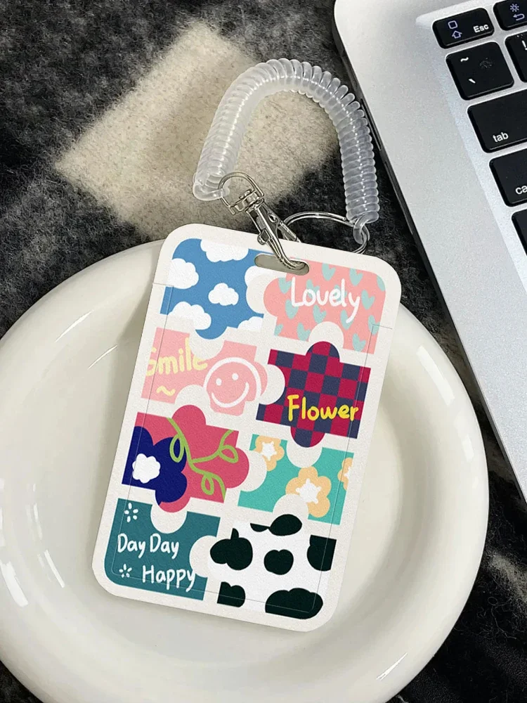 Puzzle Style Pattern Card Holder with Retractable Spring Cord Suitable for Student Bus/Meal Card Protection Case Door Card