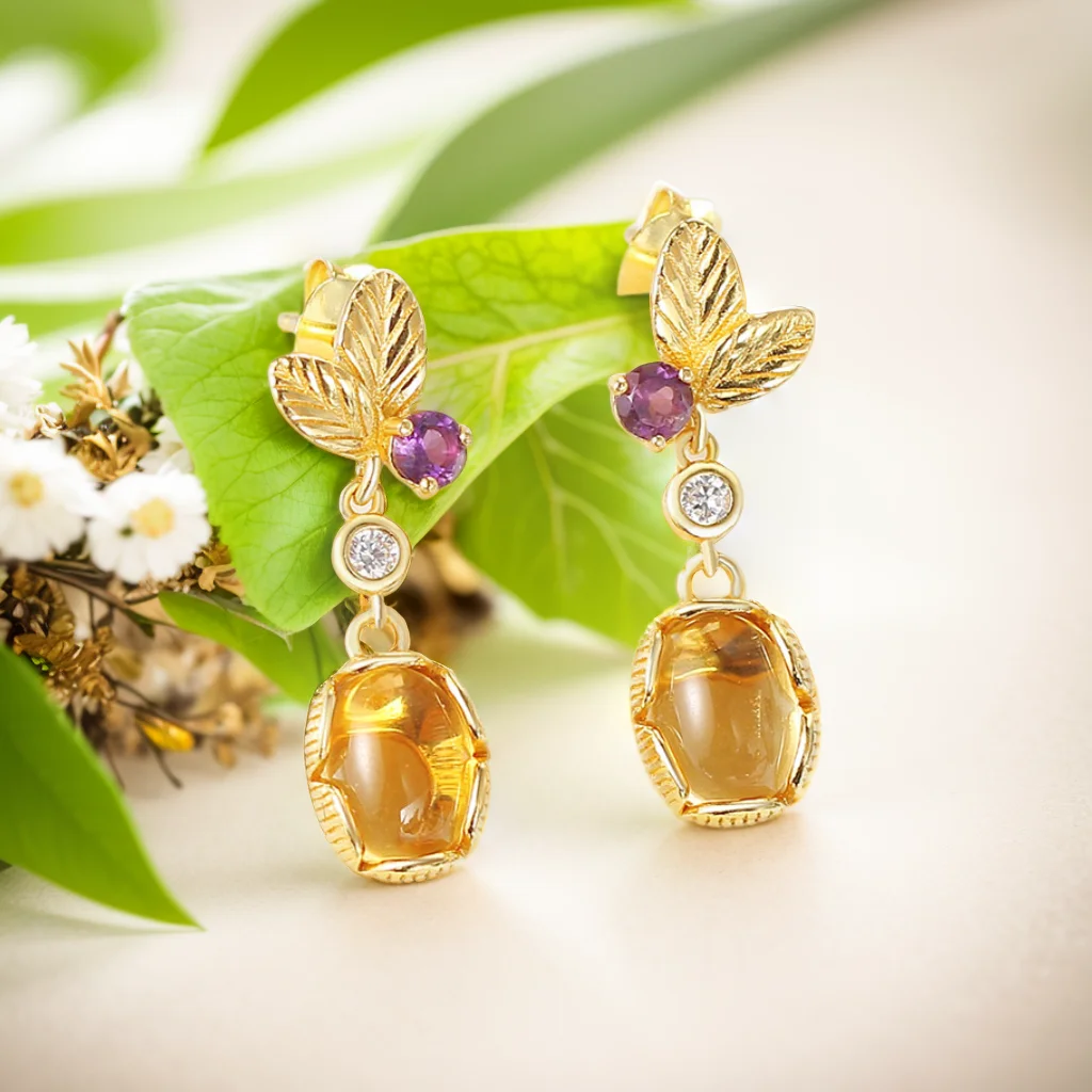 

S925 Sterling Silver Earring For Women Citrine Gemstone Amethyst Drop Earrings Leaf Shape 14K Gold Plated Fine Jewelry Wholesale