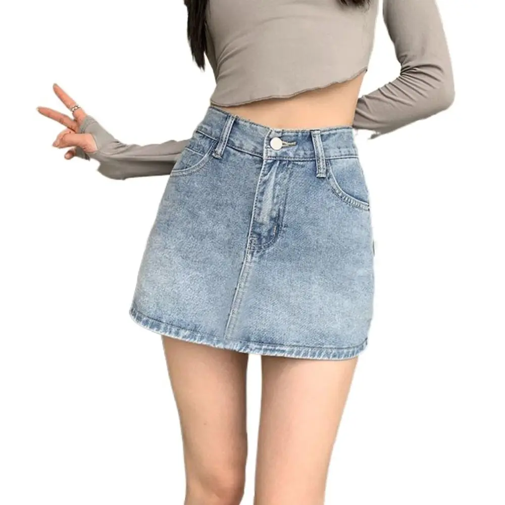 Classic High Waist Jean Skirt Stretchy Retro Denim Skirts Slim Fit A-Line Cargo Skirt Women