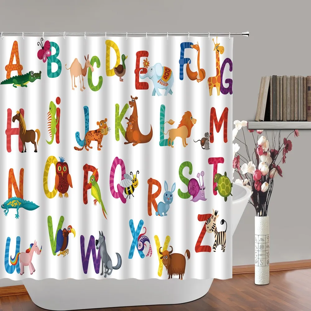 Alphabet Shower Curtain Cartoon Letters Animal Pattern for Nursery Learning Educational Fabric Bathroom Decor Curtains Sets Home