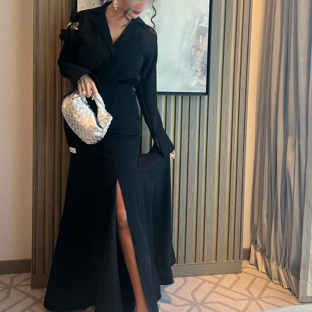 

Simple Jersey Straight Appliques and Sequined Evening Dress V-Neck Front Slit Floor Length Long Sleeves Panel Train Black