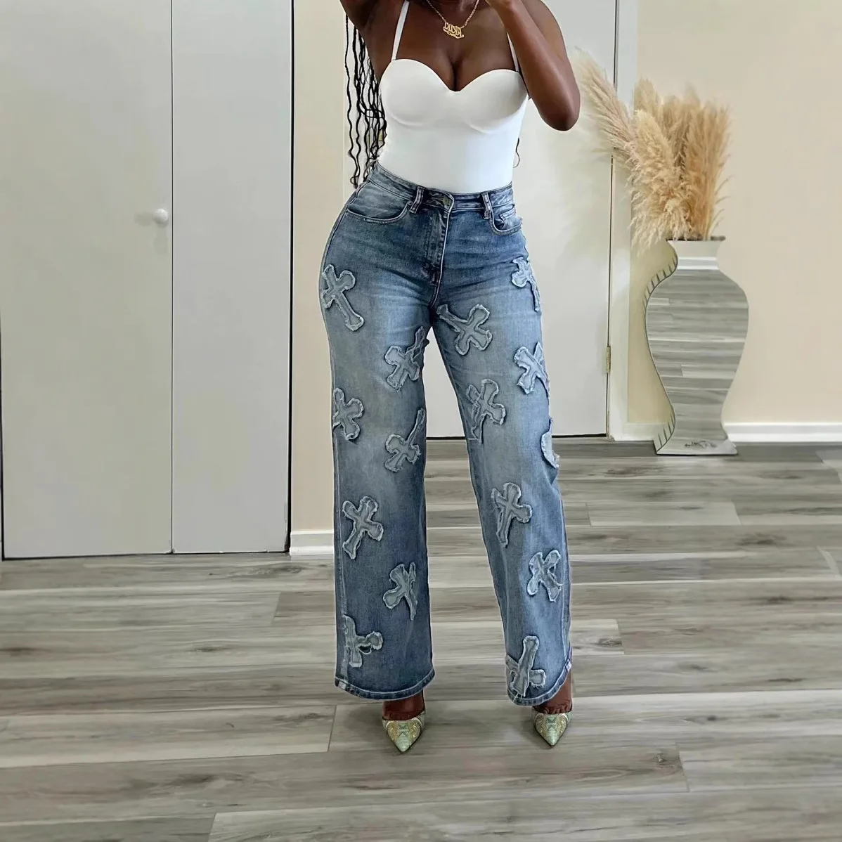 Retro Washed Denim Fringe Cross Stitch Straight Leg Ladies Jeans High Waist Commute Style No Brand Spring 2025 No Stretch