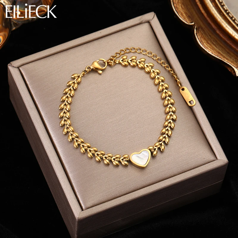 EILIECK 316L Stainless Steel Heart Love Charm Bracelet For Women Girl Fashion Gold Color Wheat Shape Chain Jewelry Gift Party