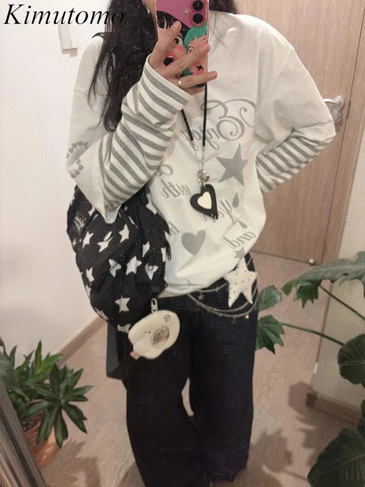 

Kimutomo Women T Shirts Vintage Striped Star Printed Long Sleeve Vintage Autumn New Fashion Loose Patchwork Tops Y2k Aesthetic