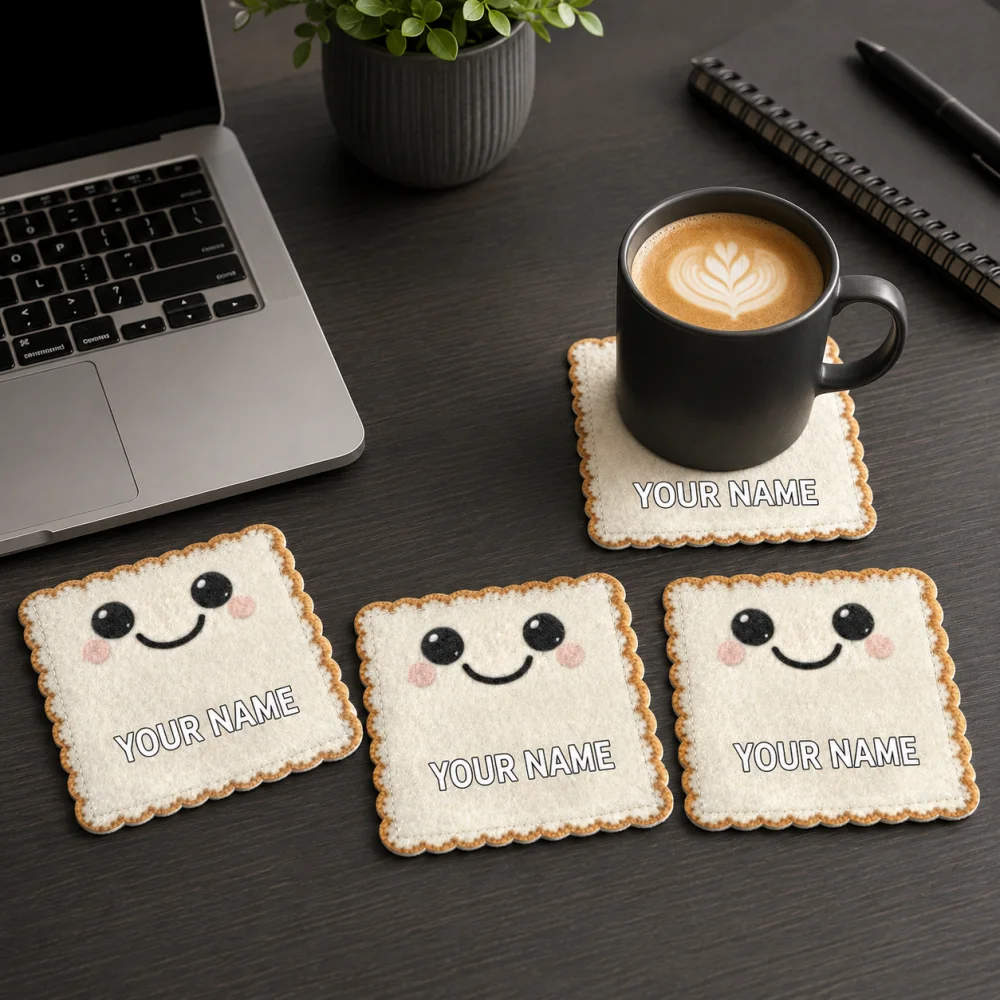 Personalized Custom Name Felt Cup Mat 4Pcs Cute Smiley Toast Bread Coaster Non‑slip Home Table Ornament Gift 10cm