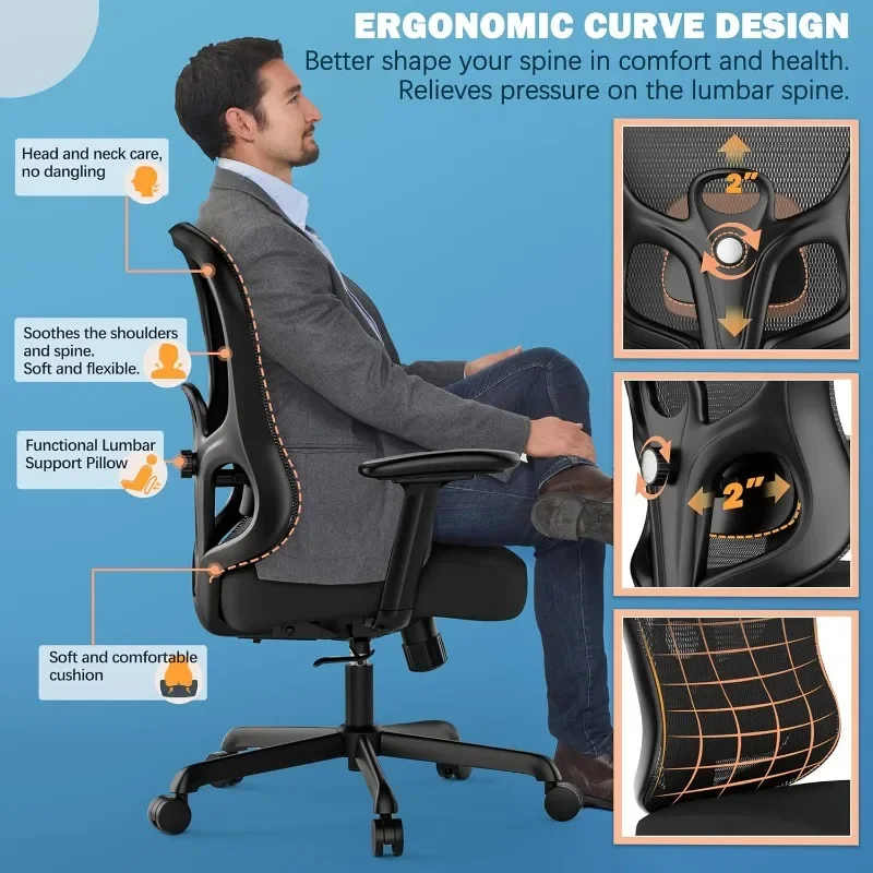 Ergonomic office chair, home desk chair with mesh back, adjustable lumbar support, wide seat with built-in springs