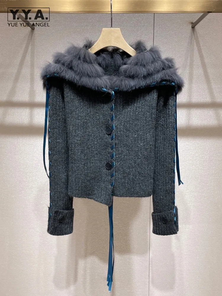 

Зимний женский серый вязаный кардиган с лисьим меховым воротником, куртка с отложным воротником, свитер, верхняя одежда, свободный крой, модельерское женское пальто