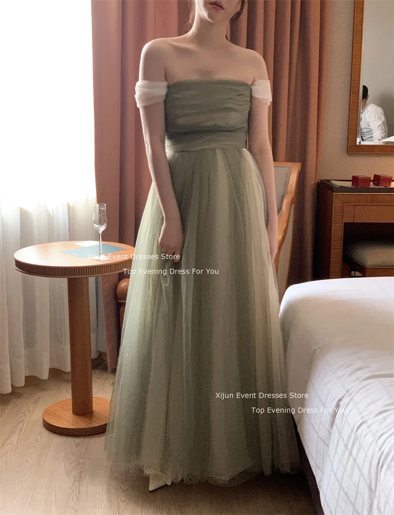 Xijun Fairy Sage Green Tulle Korea Evening Dresses Off the Shoulder Sleeves Ankle Length Prom Gowns Wedding Party Dresses 2024