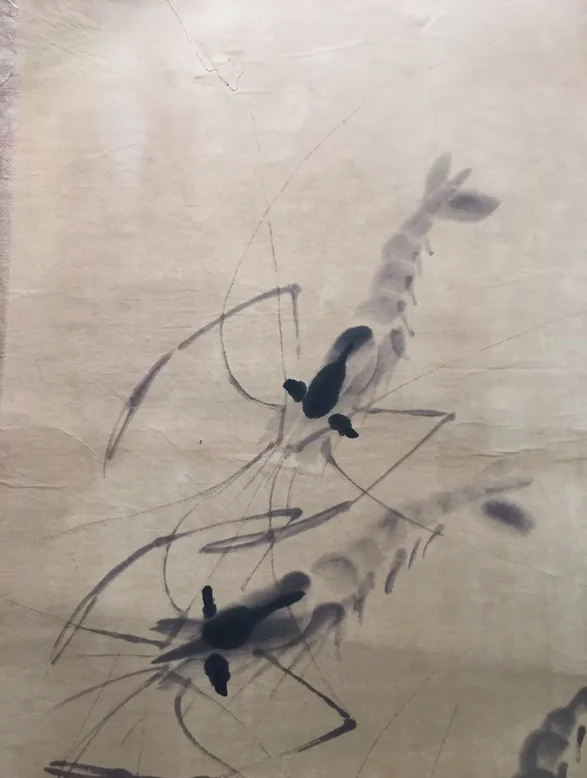 Chinese Old Scroll Qi Baishi - Shrimp Painting Rice Paper Painting Slice