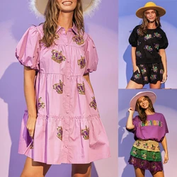 Mardi Gras Sequin Shirts Women Clothes Retro Short Sleeve Tops And Shorts Set Ladies Fashion A-line Loose Mini Vestido Dress