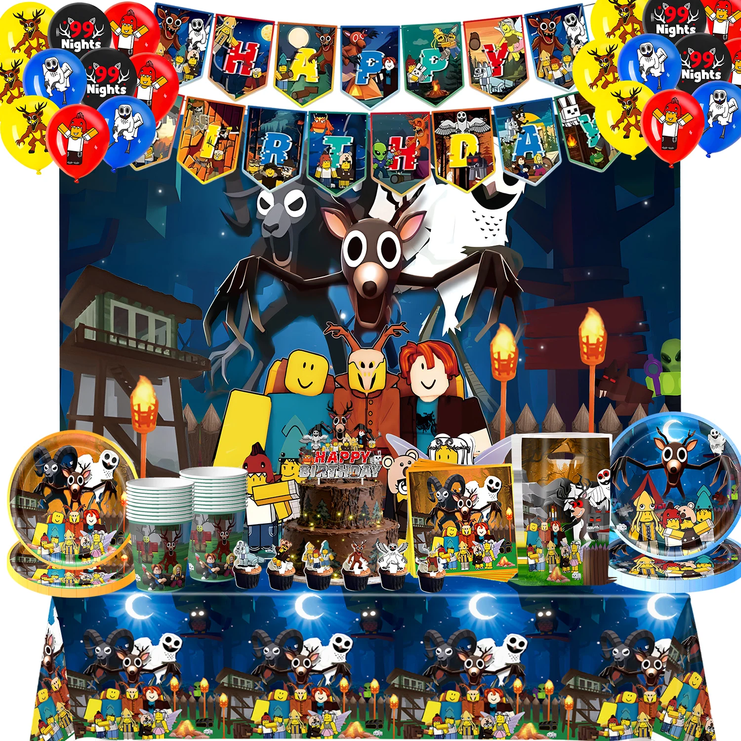 Roblox 99 ليالًا في الغابة حفلة عيد ميلاد موضوع الزينة بالونات راية أكواب لوحات خلفية شنطة هدايا مستلزمات استحمام الطفل #1
