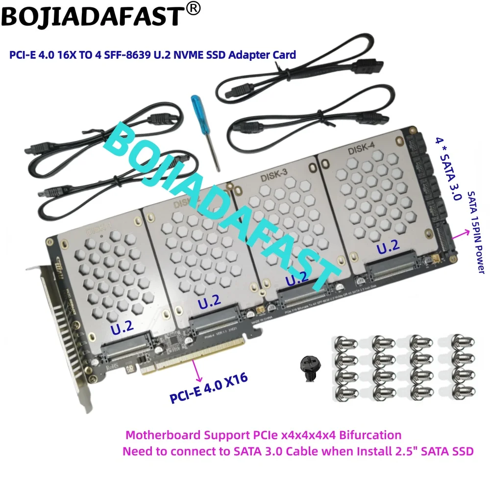 PCIe 3.0 PCI-E 4.0 16X To 4 * U.2 SFF-8639 Connector Expansion Riser Card for U2 NVME SSD Motherboard PCIe x4x4x4x4 Bifurcation