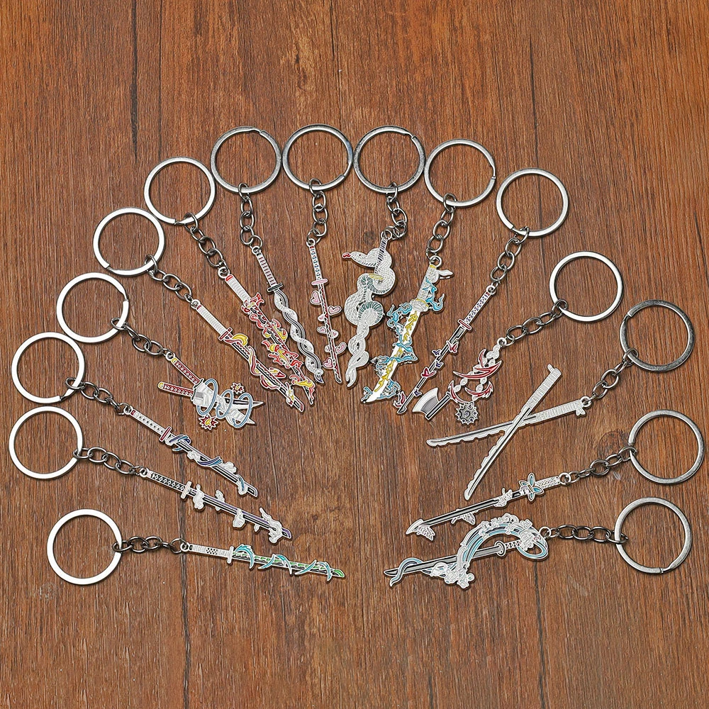 Anime quente kimetsu não yaiba chaveiro figura dos desenhos animados temático emblema mini arma pingente esmalte chaveiro cosplay lembrança jóias presente