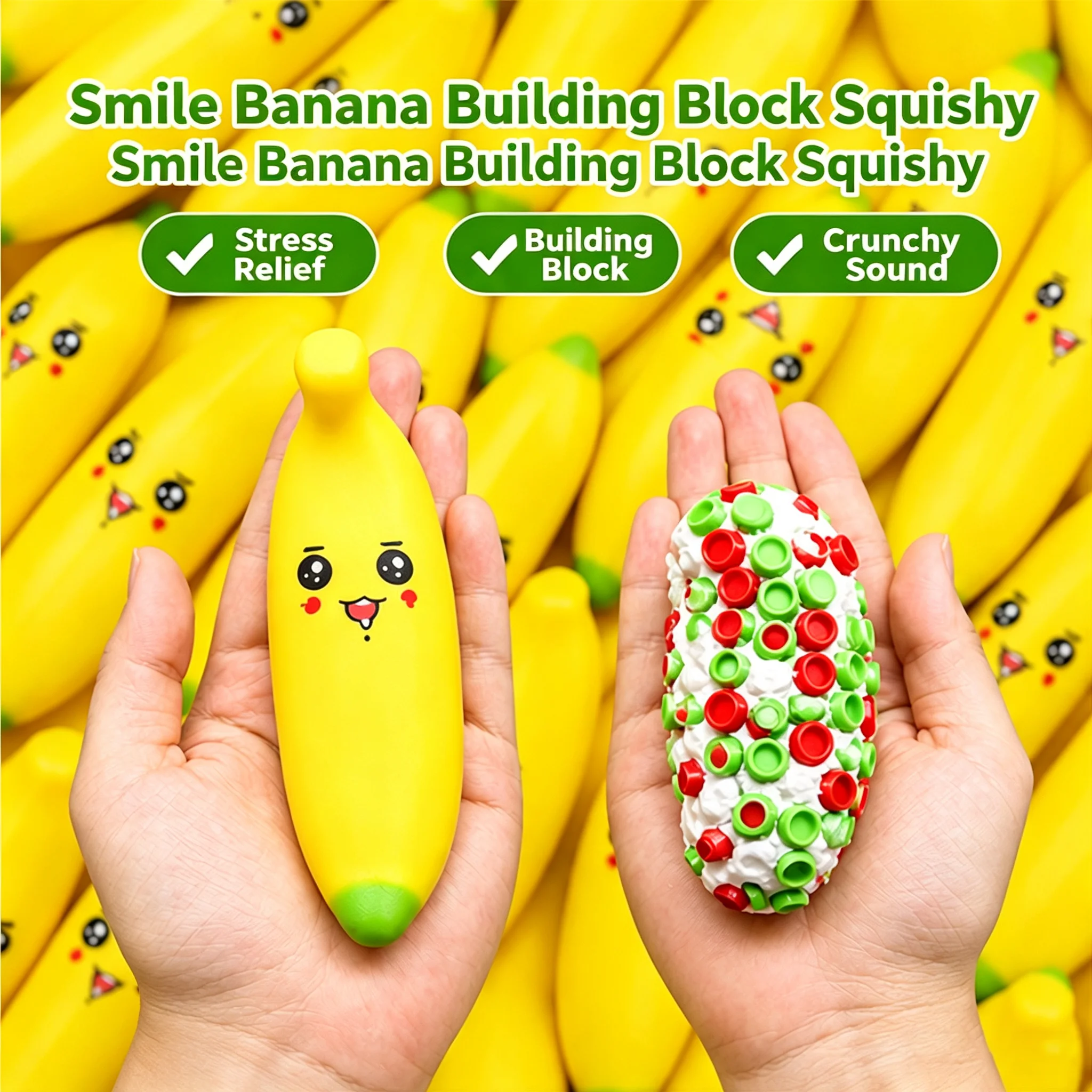 2026 Smile Banana Fidget Toy with ASMR Fillers Crunchy Building Block Squishy Toy Soft Squeeze Stress Relief Sensory Toy Childre