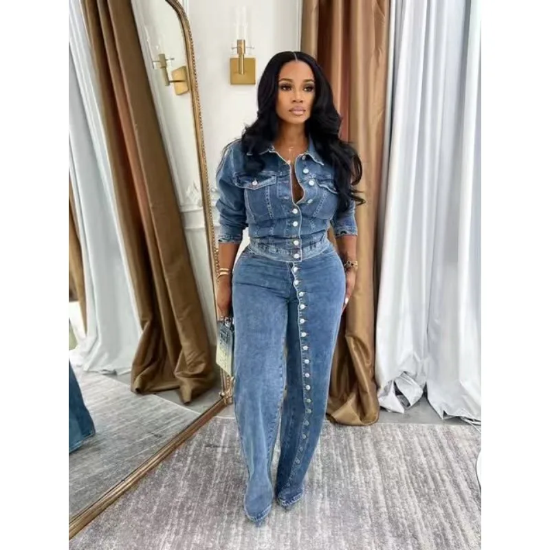 Spring Autumn Suit Women's Outfit Denim Jacket Jeans Wide-Leg Pants 2 Piece Sets Sexy Full-Button Front Washed Streetwear Trend
