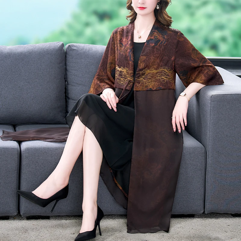 2023 Summer Women's Silk Vintage Printed Windbreaker Coat with Chinese Style Embroidery Thin Medium Length Cloak Robe