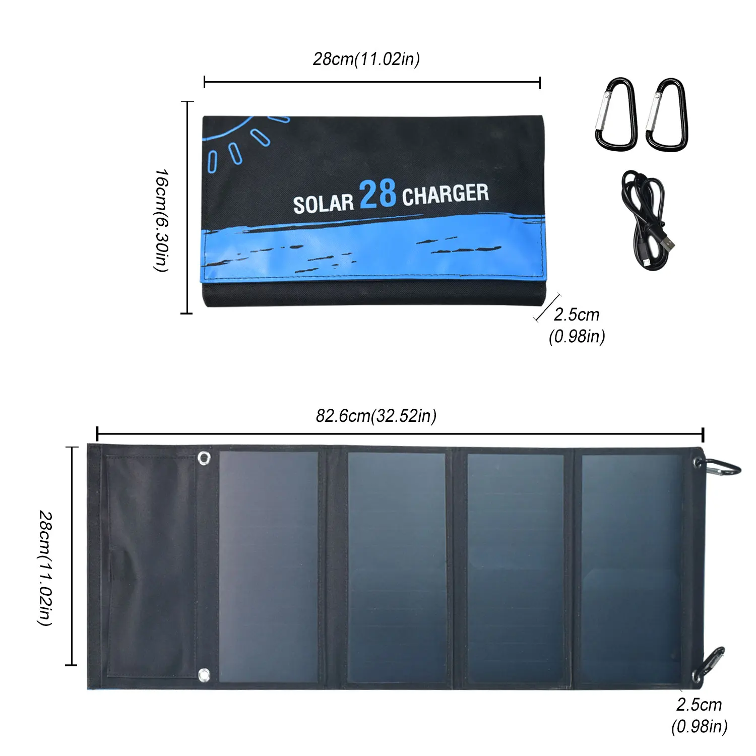 28W Portable Solar Panel, Foldable Solar Charger with 5V/3A Dual USB, Suitable for Mobile Phones, Tablets, and Power Banks, Suitable for RVs, Backpacks, and Hiking Trips