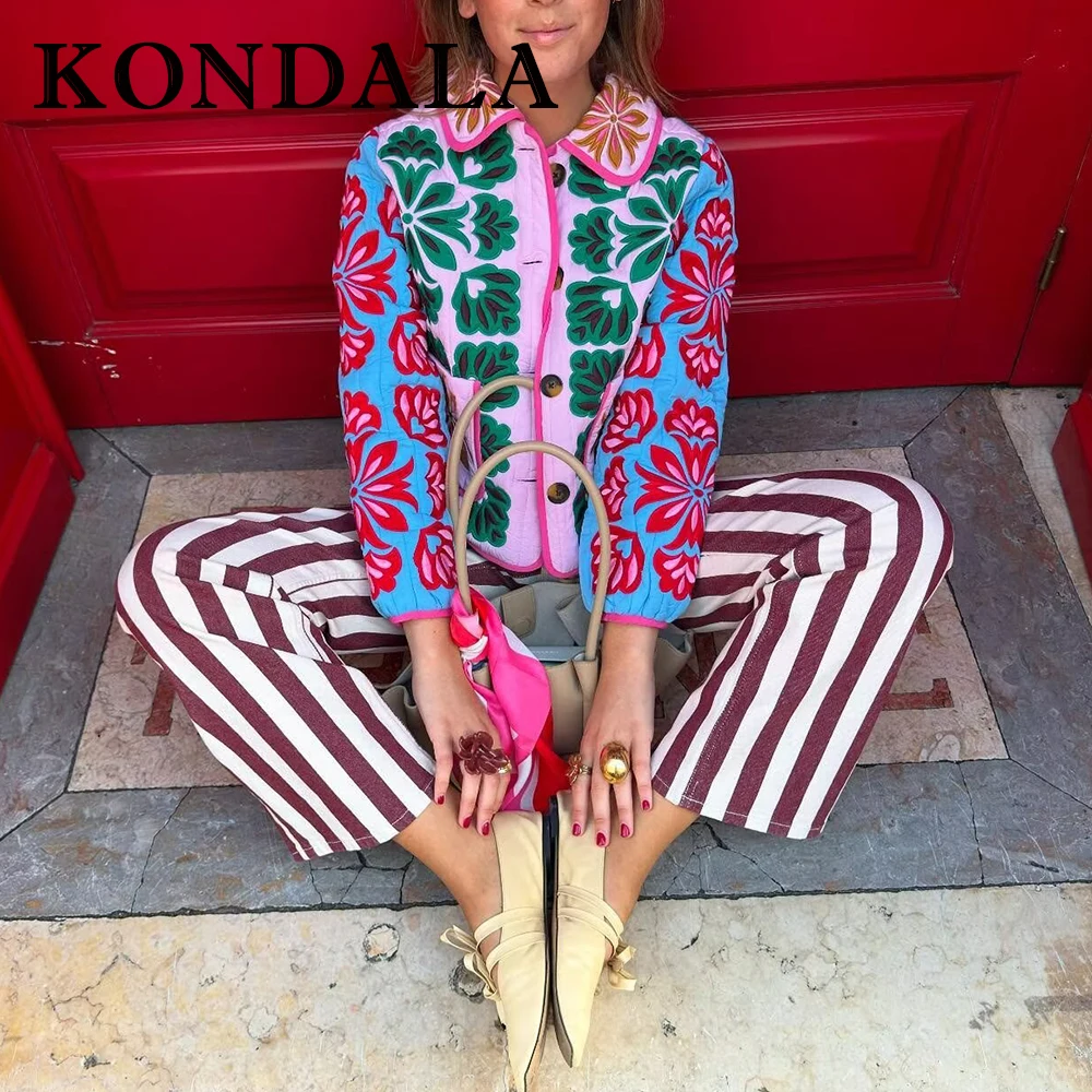 

KONDALA Vintage Fashion 2025 Autumn Print Women Coats Single Breasted Long Sleeve Jacket Loose Pocket Warm Thick Female Outwears