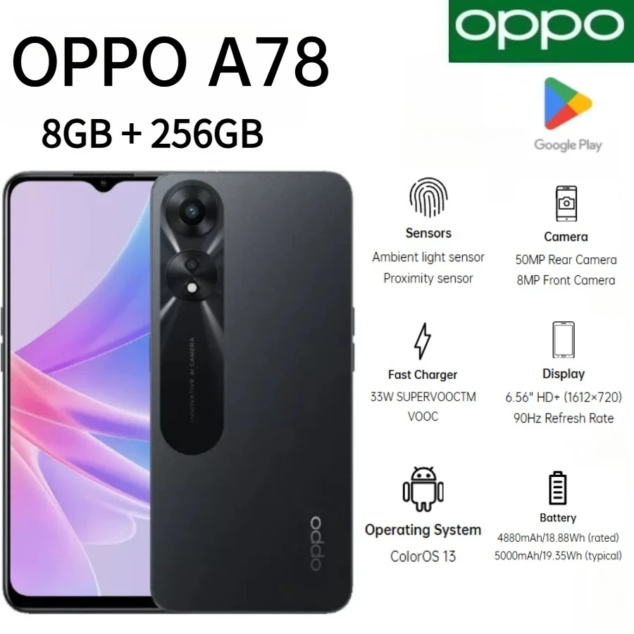 2026 New Global Version OPPO A78 Factory Dual SIM Android Mobile Phone 6.5 Inch HD High Definition Display 50MP Clear Camera