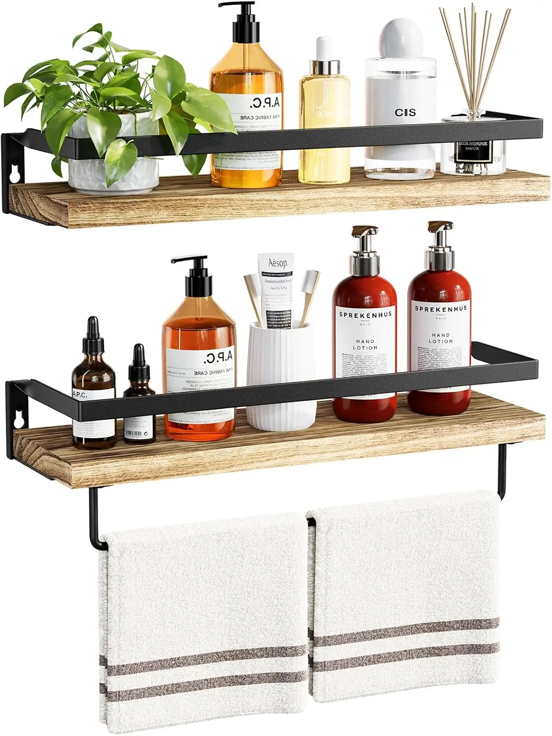 

Bathroom Shelves with Towel Bar, Floating Shelves, Wall Shelves for Bathroom/Living Room/Kitchen/Bedroom, Light Brown, Set of
