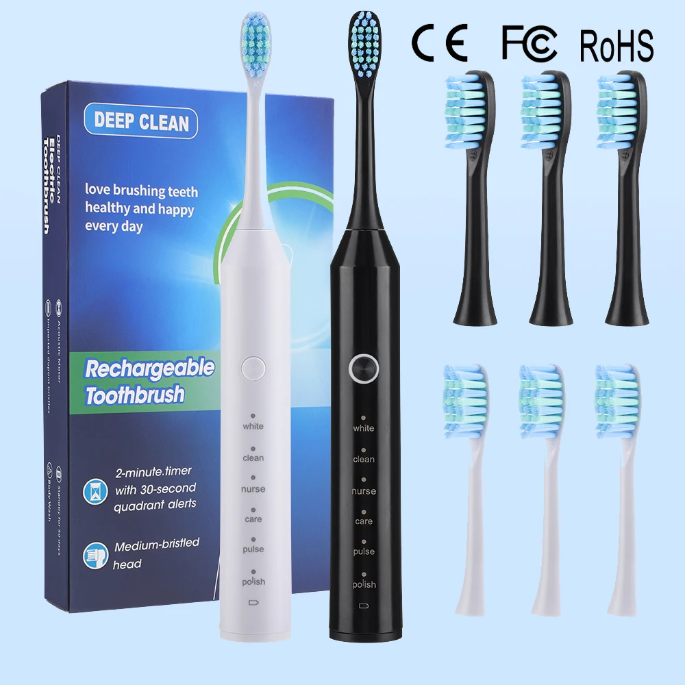 

Новая электрическая зубная щетка, 6 режимов, зубная щетка для глубокой очистки с 4 насадками, звуковая перезаряжаемая зубная щетка, 60 дней, срок службы батареи, оральный