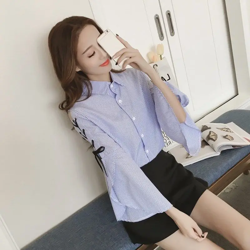 Lace-Up Flare Sleeve Shirt 2022 Fashion Spring Autumn Long Sleeve Shirt Female Elegant Korean Blouses Girls Sweet Casual Tops