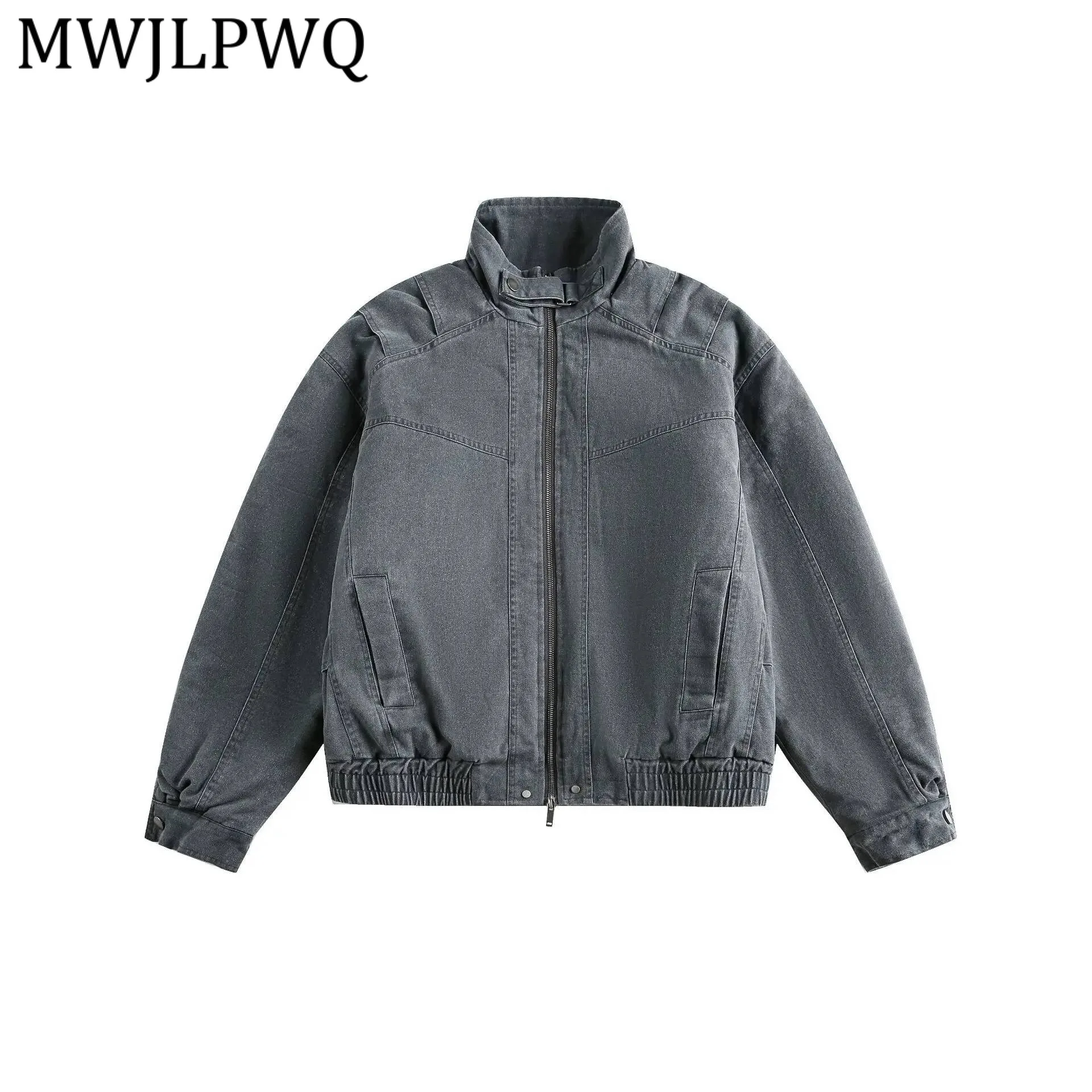 

MWJLPWQ Struture Design Motorcycle Style Men's Cotton Coat Winter New Warm Washed Workwear Stand Collar Casual Loose Tops 22033