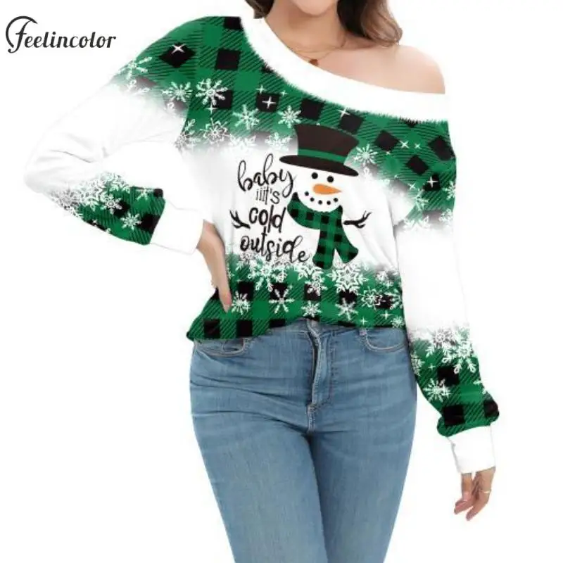 Long Sleeve Christmas T-Shirts for Women Snowman Wears Magic Hat Off Shoulder Shirts White Green Tee Xmas Tops Female Clothing