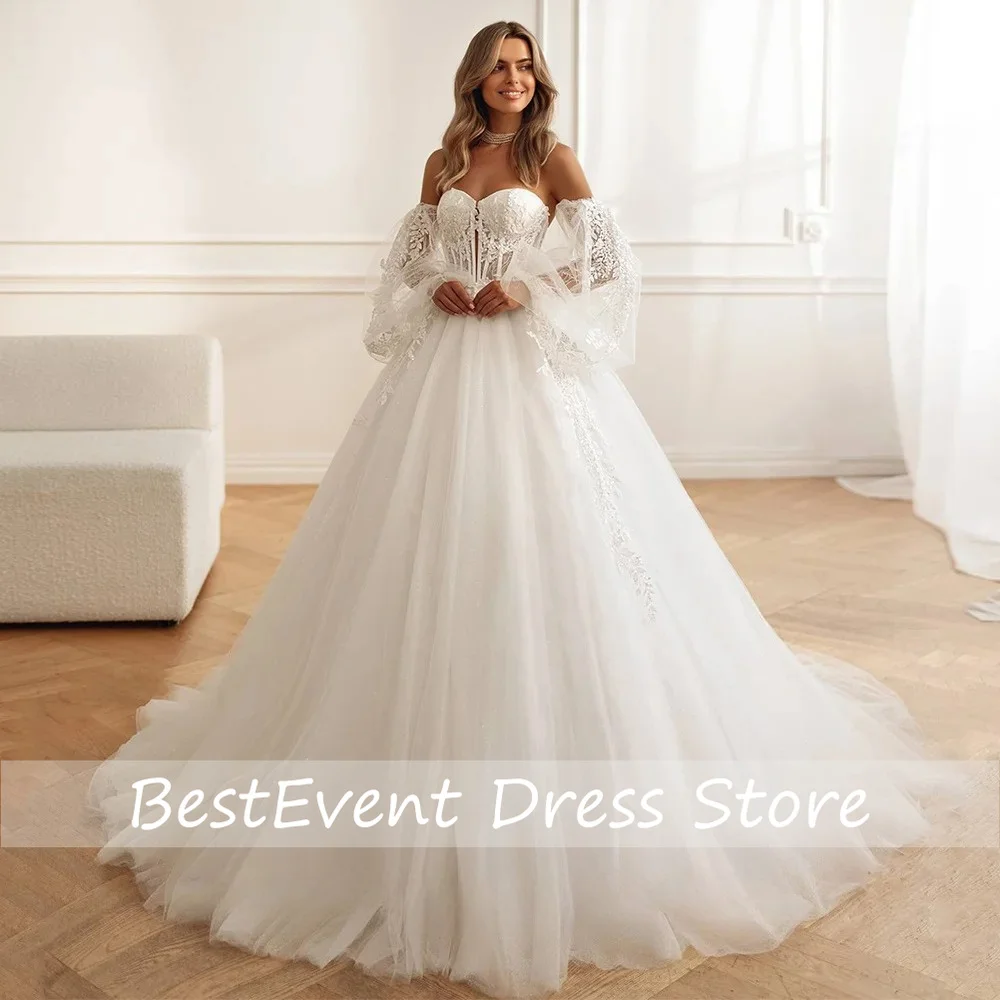 Princess White Bride Wedding Dress Puff Sleeves Sweetheart Illusion Body Applique Sweep Train Soft Tulle Bridal Gown Customized
