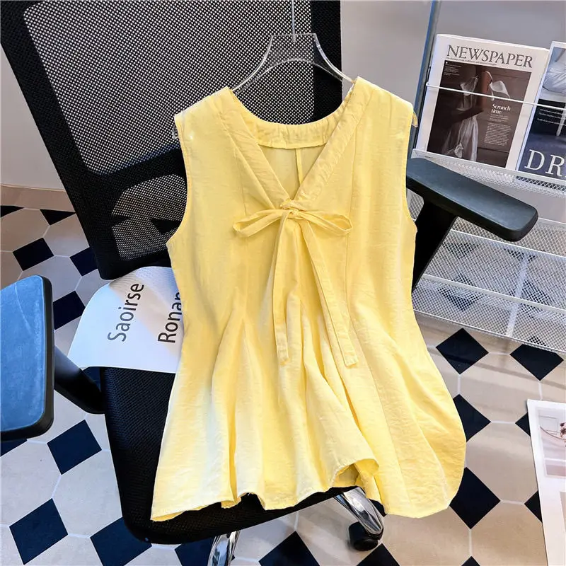 

Французский жилет без рукавов на шнуровке с v-образным вырезом для женщин, летняя милая возрастная плиссированная кукольная рубашка, топ