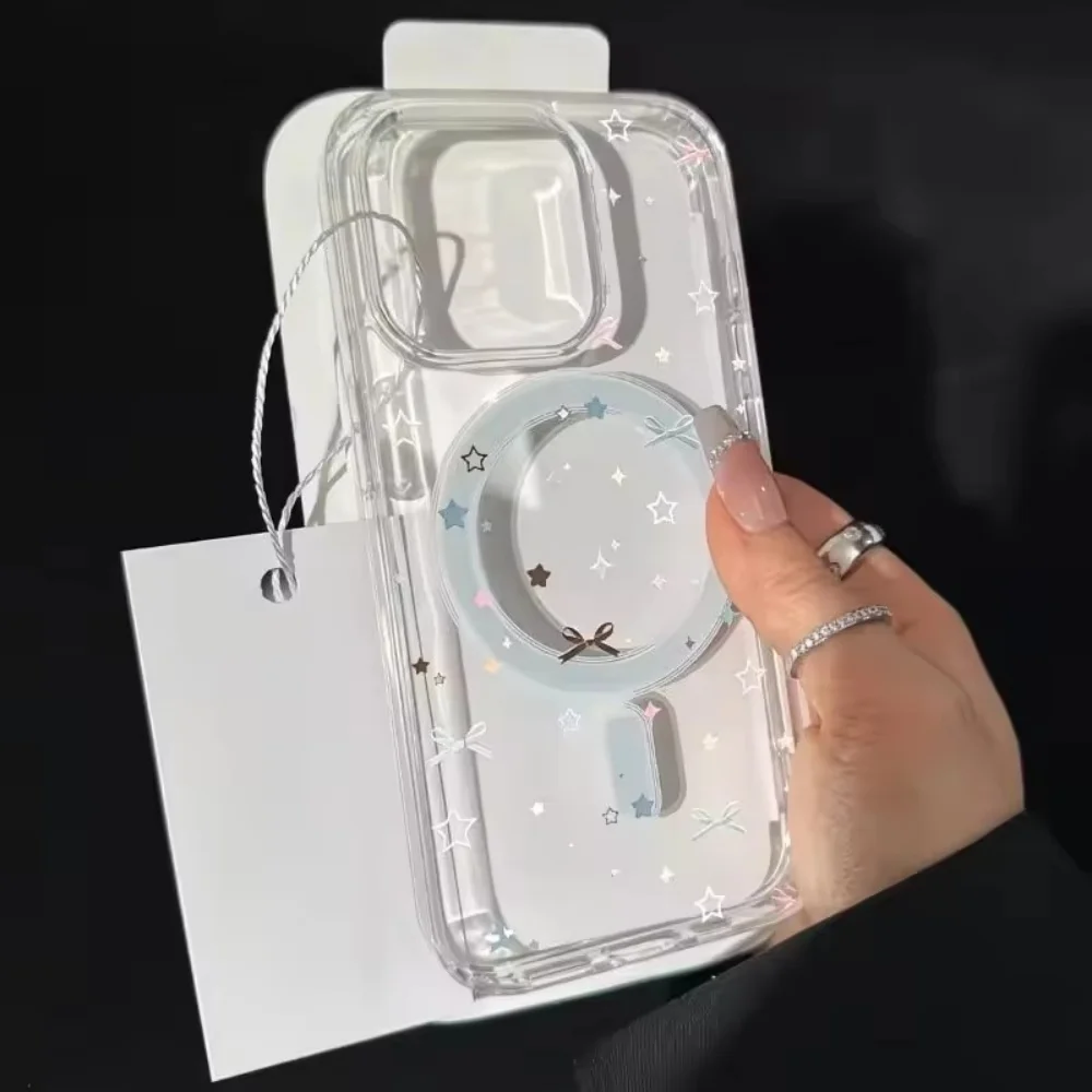 Star Bow Print Clear Phone Case For iPhone 18 17 Air 16 15 14 Plus 13 12 Mini 11 Pro Xs Max XR 17e 16e Magsafe Shockproof Cover