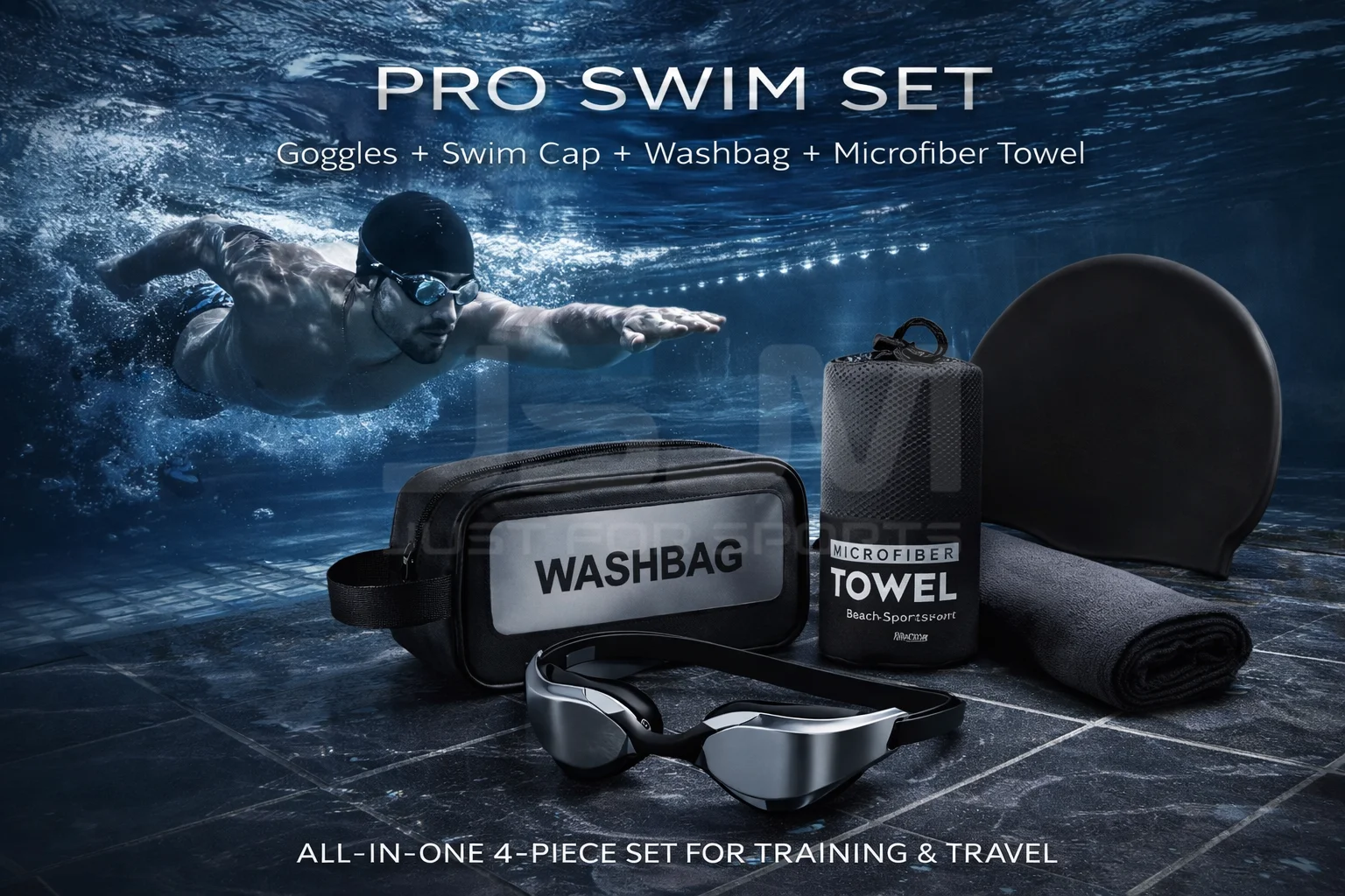 JSJM Professionelles Schwimmbrillen-Geschenkset mit Schwimmkappe, Waschbeutel, Mikrofaserhandtuch, Schwimmset für Erwachsene, beste Geschenkidee – Detail 1