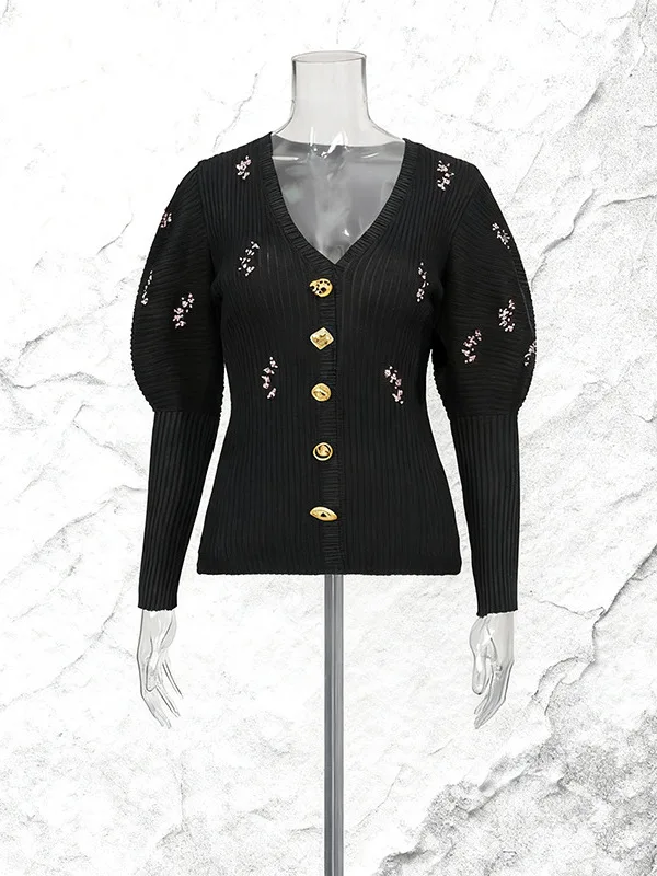 

Autumn Winter Street Style Slim Fit Knitted Cardigan Sweater Women's V-Neck Puffy Sleeve Waist-Cinching Sequin Splicing Open ...