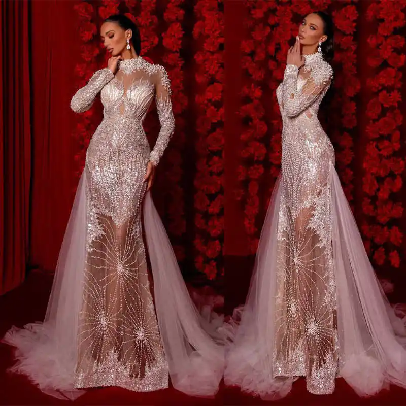 

Luxurious Evening Dress Long Sleeves High Collar Shiny Pearls Sequins Rhinestones Women Cocktail Dress Sweep Train Customized