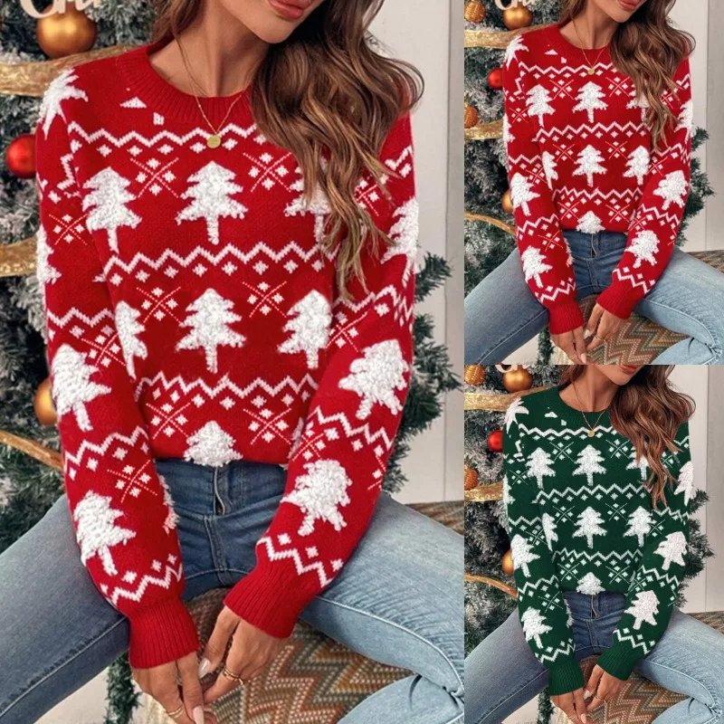 2024 Autumn and Winter New Round Neck Pullover Knit Sweater Christmas Jumper Holiday Dress Up Knitwear Women