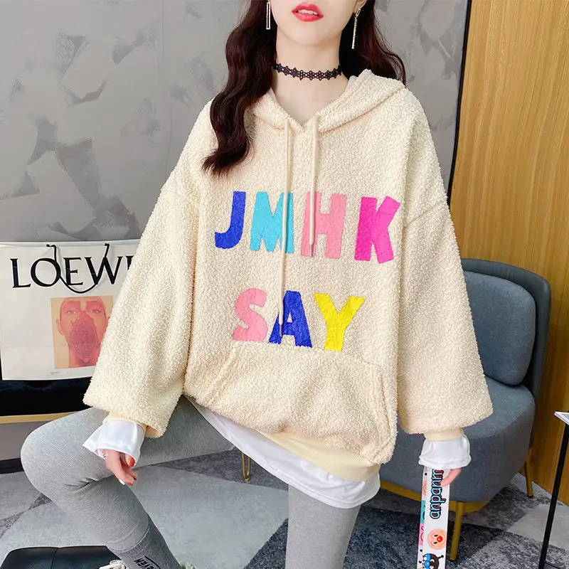 Fashion Fake Two Pieces Autumn Winter Lamb Fleece Pullover Women's Sweatshirt Offset Printing Letter Jmhk Say Hoodies Female New