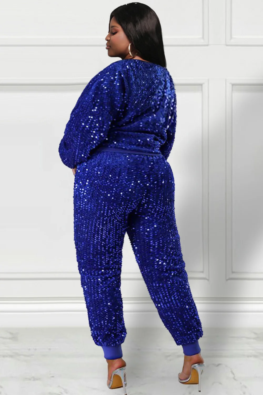 Plus Size Party Pant Sets Sporty Royal Blue Long Fall Winter Crew Neck Long Sleeve Sequin Two Piece Pant Sets