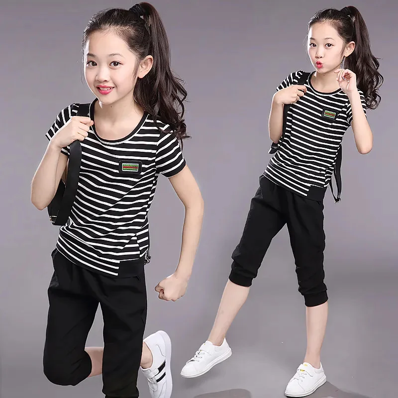 Boys Girls Clothing Set Summer 2024 New Casual O-Neck Short Sleeve Striped Children Teedns Clothes For 4-14T