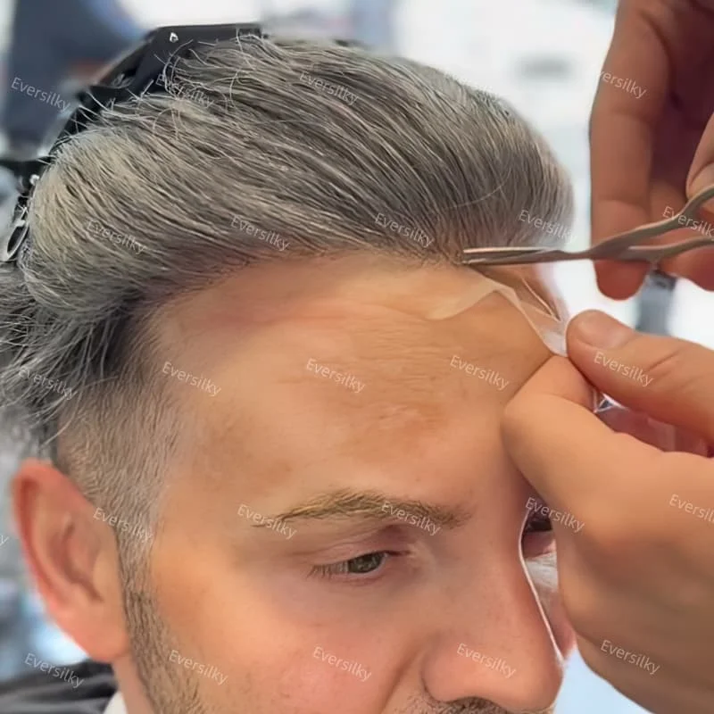 # 1B50 # 1B65 # 1B80 مزيج أسود رمادي شعر الإنسان رجل يبلغ من العمر الباروكات عالية الجودة كامل بولي PU 0.04-0.05 مللي متر رقيقة الجلد الرجال الشعرية الاصطناعية الباروكات #2