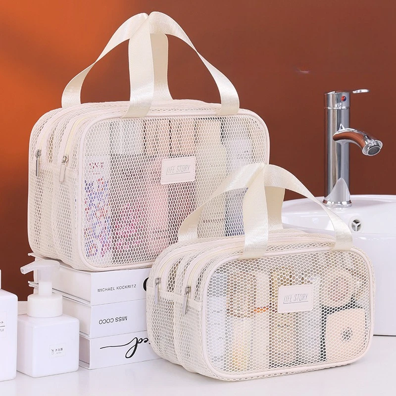 Borsa da viaggio per trucchi a doppio strato in rete, pochette cosmetica portatile di grande capacità, organizer pieghevole per articoli da toeletta d