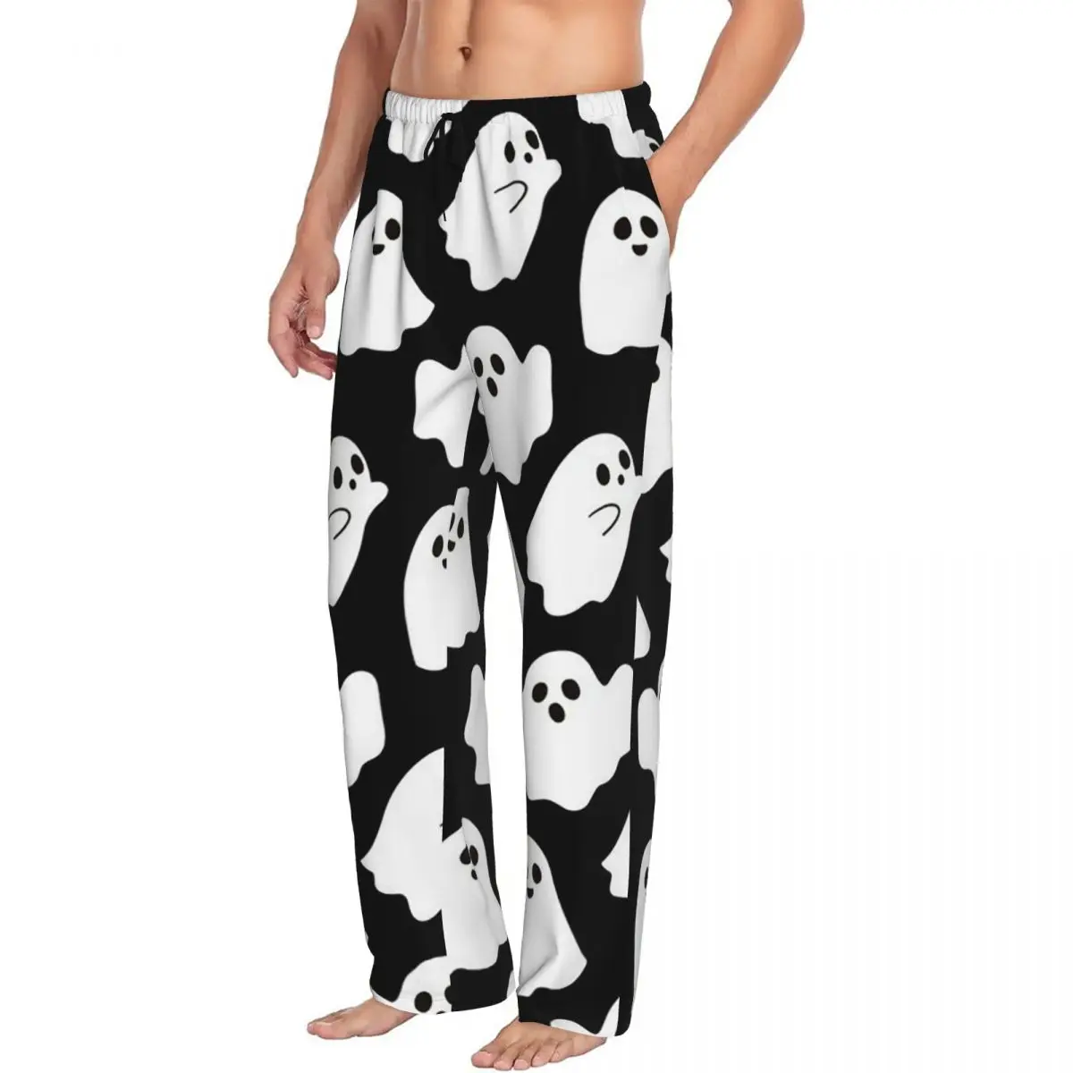 Custom Spooky Ghost Halloween Cartoon Pattern Men Pajama Pants Lounge Sleep Sleepwear Bottoms with Pockets