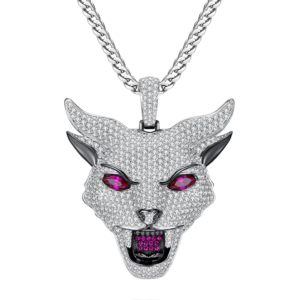 

VANAXIN Wolf Head Pendant Necklace Men's Women's Iced Out Red Eyes Zircon Animal Hip Hop Rock Jewelry Party Accessories