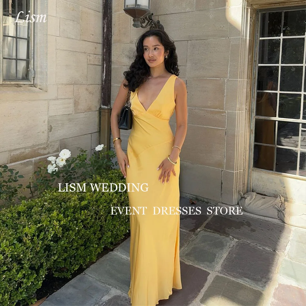 

LISM Sexy Sleeveless Evening Dresses Bright Yellow Sheath V-Neck Solid Color Prom Party Gown Backless Elegant vestido de noche