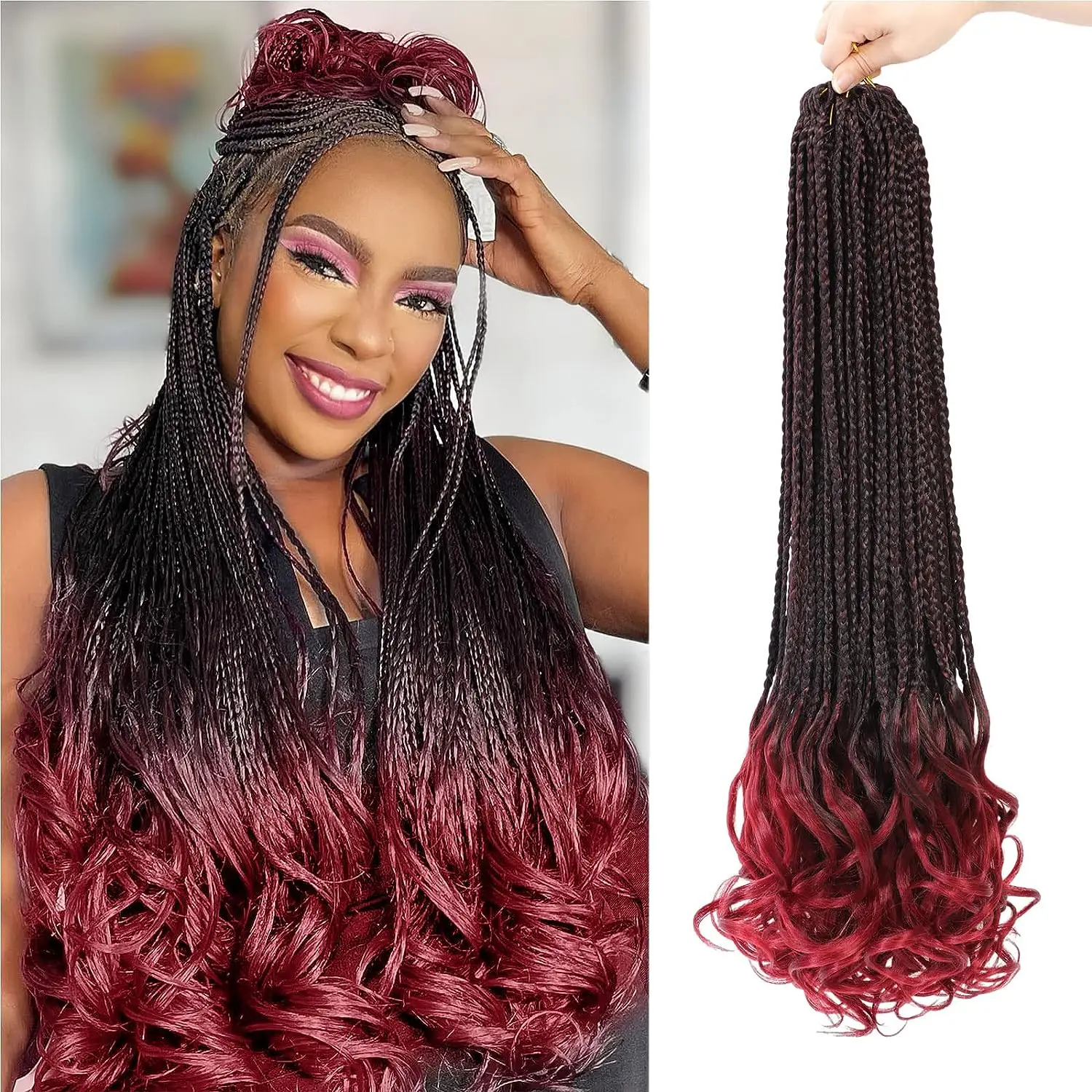 

Synthetic 24 Inch French Curly Braiding Hair Ombre Burgundy Goddess Box Braids Crochet Hair French Curl Crochet Braids For Women